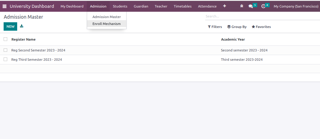 screenshot of odoo university management sofiware